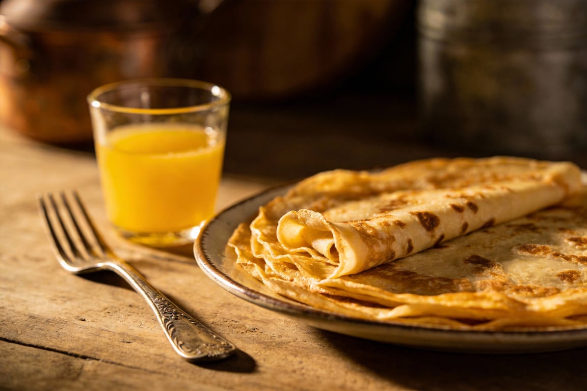 Final presentation of savory breakfast crepes with quartier fold