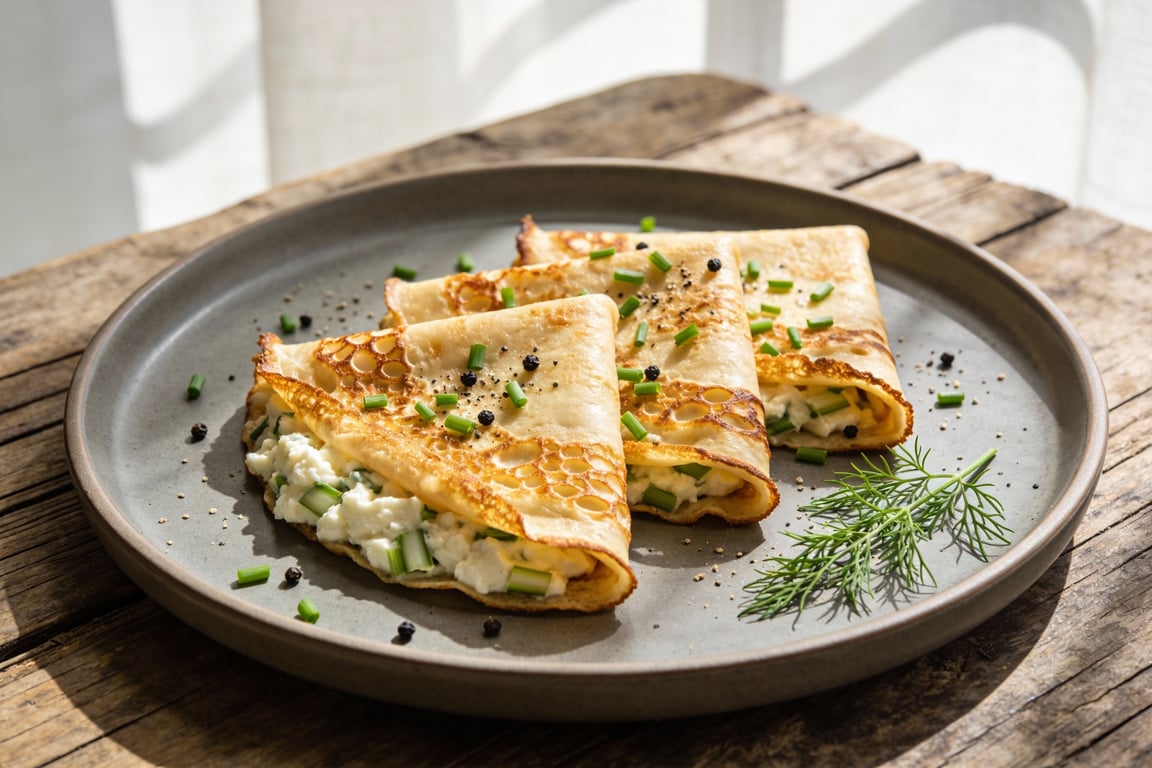 Cottage Cheese and Herbed Shallot Savory Breakfast Crepes