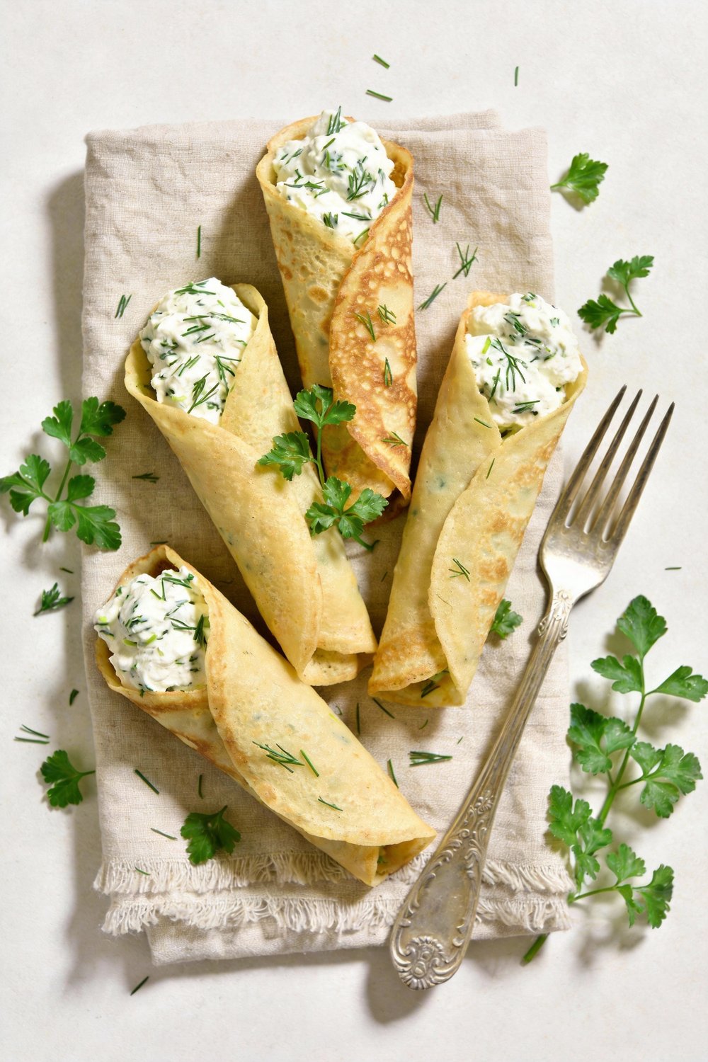 Cottage Cheese and Herbed Shallot Savory Breakfast Crepes