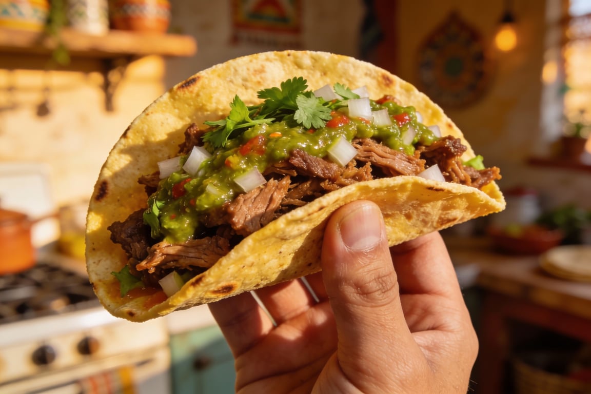 Street style oven roasted carnitas tacos with garnish