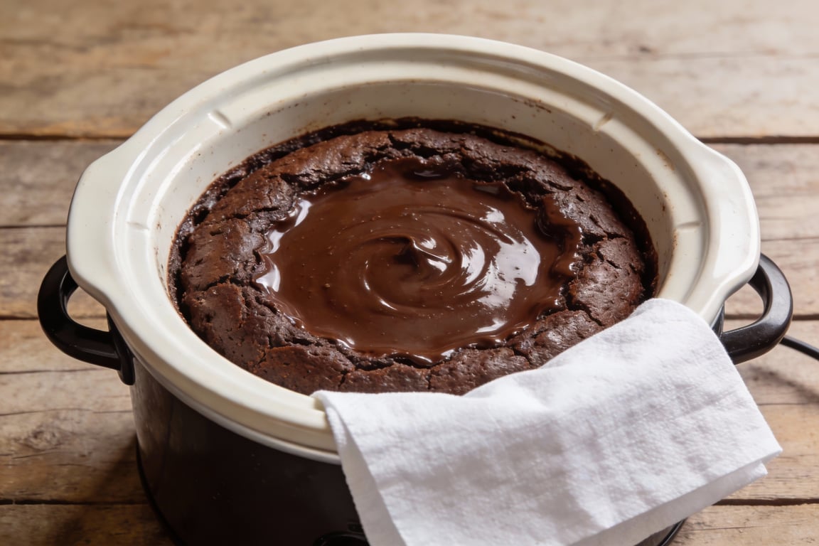 slow cooker hot fudge cake with paper towel trick