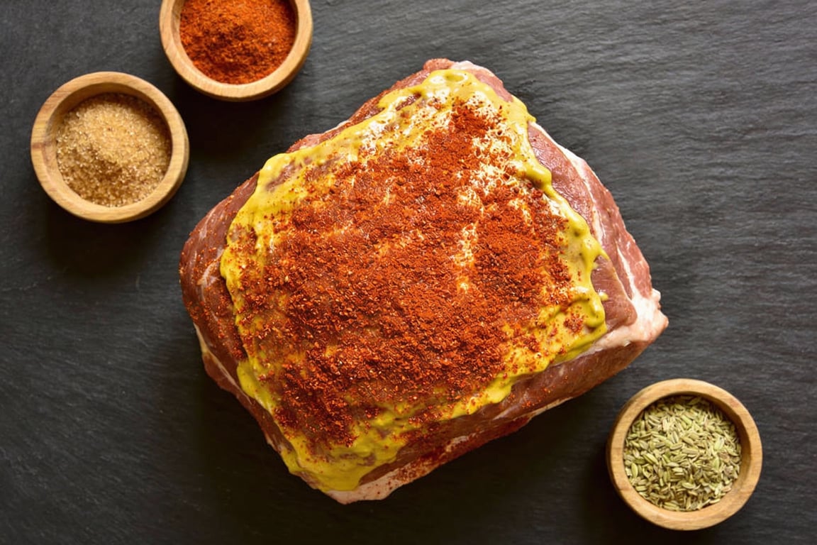 Applying the Memphis dry rub recipe to the pork shoulder roast