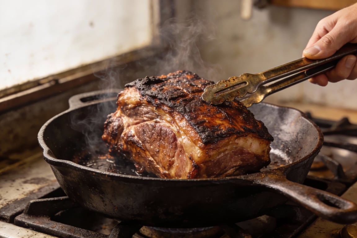 The Slow cooker BBQ pork bark forming after the initial sear