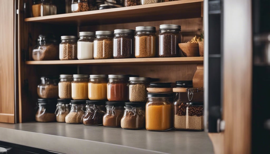 Small kitchen with spice rack in a cabinet door