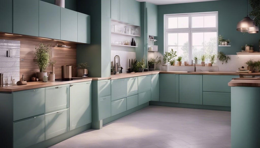 Modern kitchen with mint green kitchen cabinets