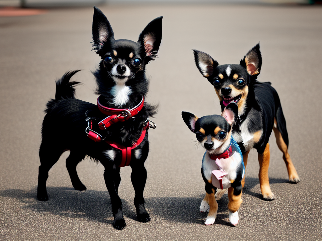 An engaging picture of a Black Chihuahua interacting with a larger breed dog emphasizing the breeds fearless personality