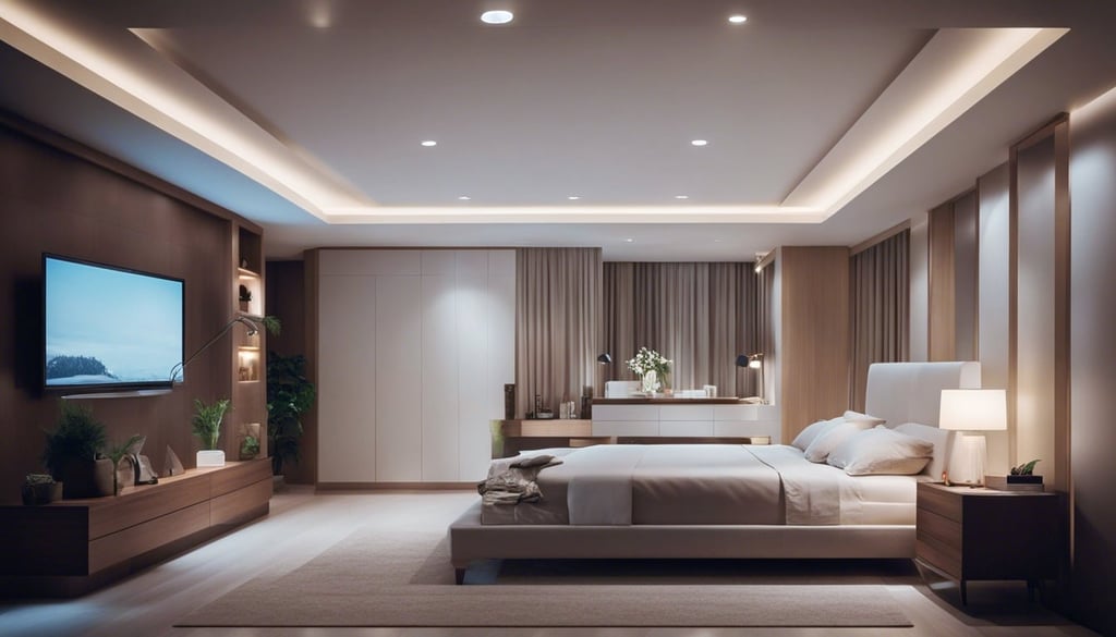 A cozy bedroom with a tray ceiling illuminated by recessed lighting