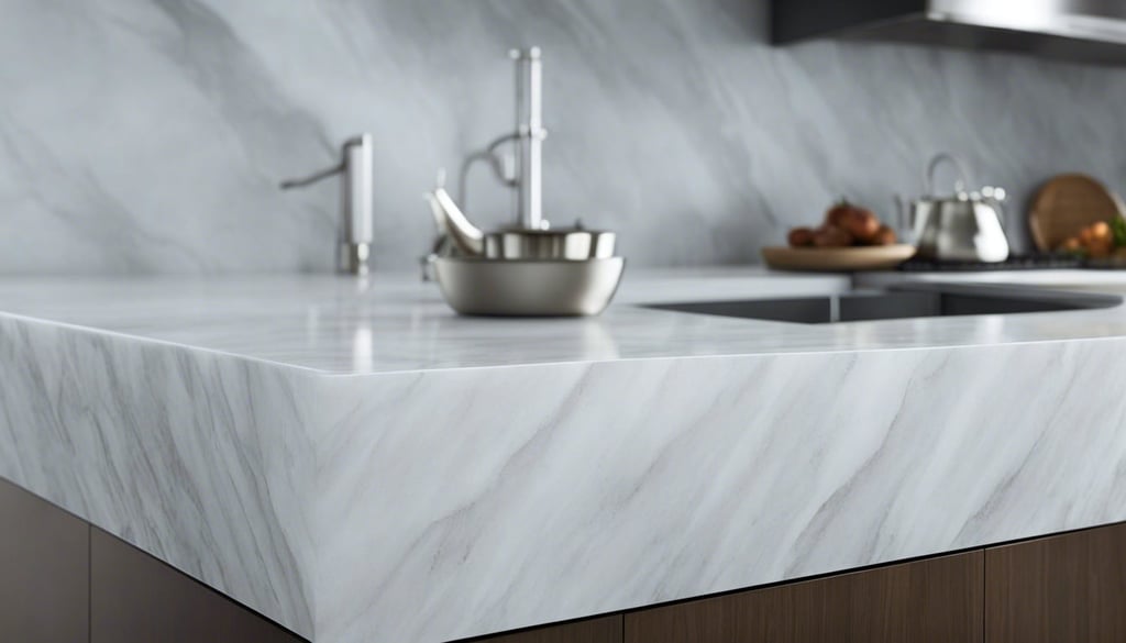 A Quartzite countertop with a waterfall edge