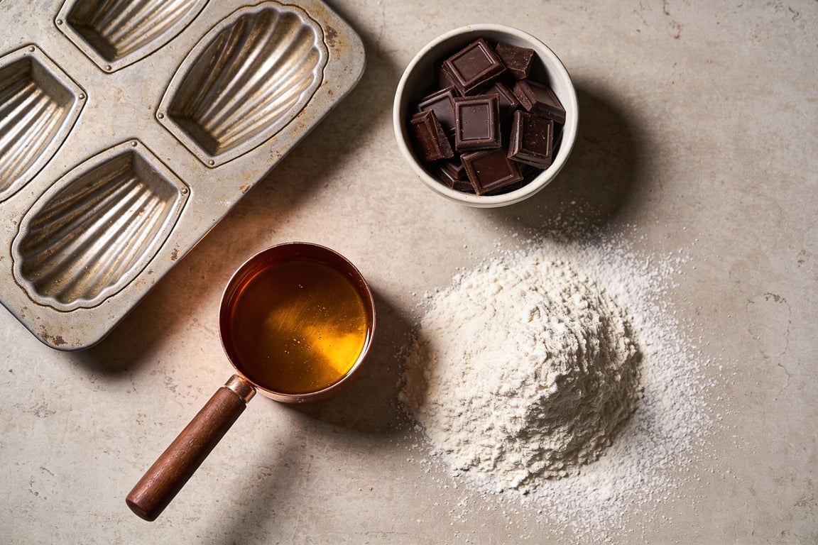 Close up showing the iconic hump of a baked madeleine