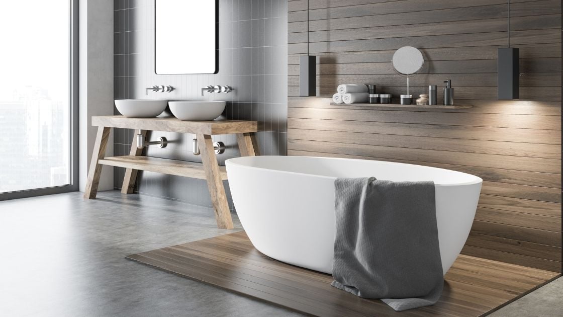 Bathtub on wooden raised floor