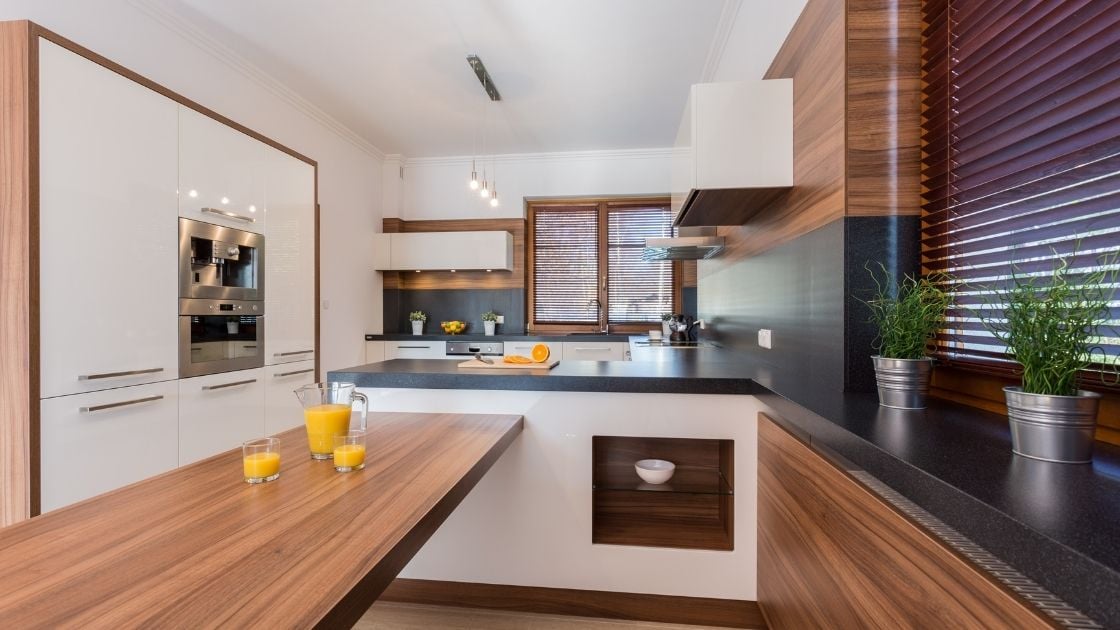Modern Wooden Kitchen Black Backsplash