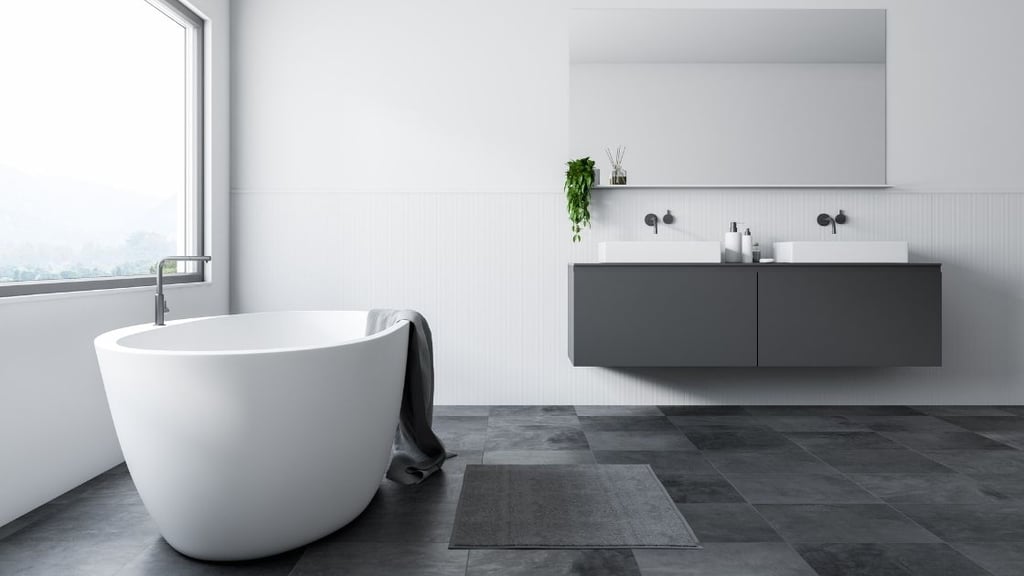 White and gray bathroom with large window