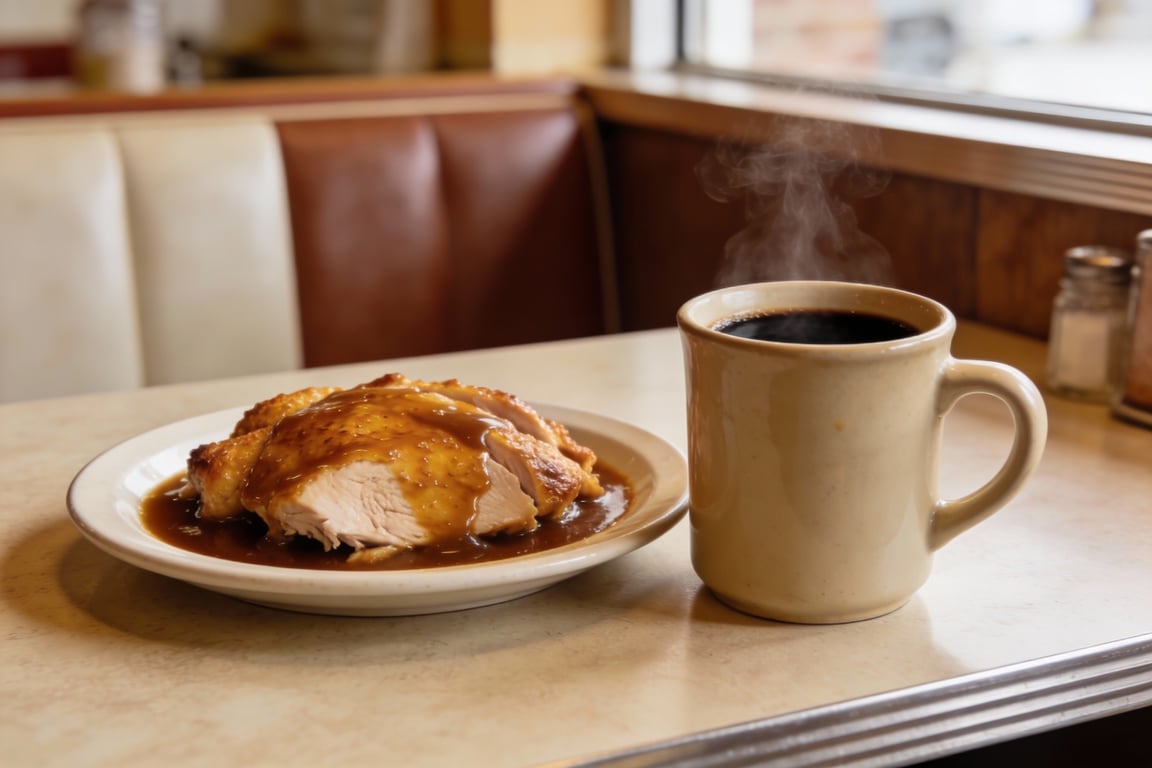Plated Diner-Style Roasted Turkey with giblet gravy and mashed potatoes