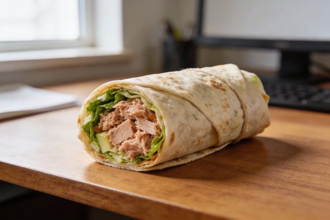 Dorm room tuna wrap being rolled up