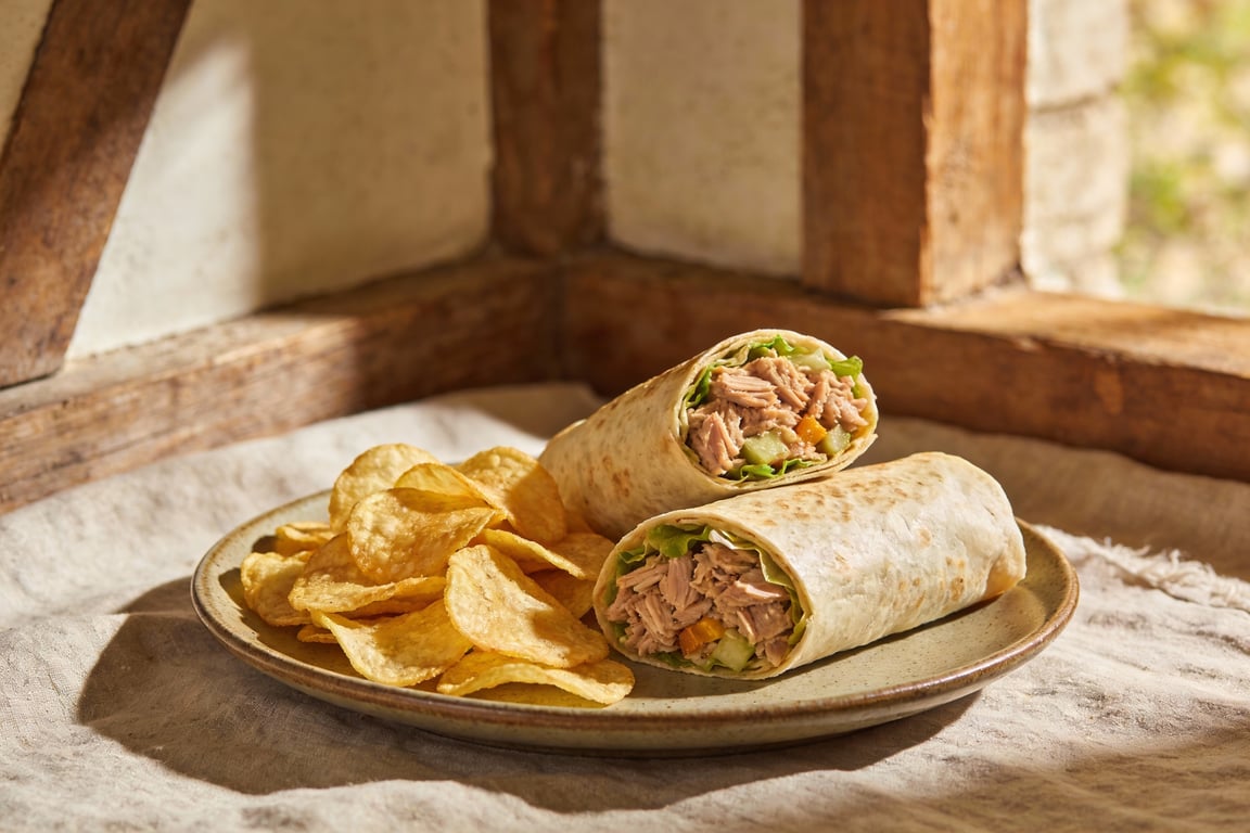 Finished dorm room tuna wrap ready to eat