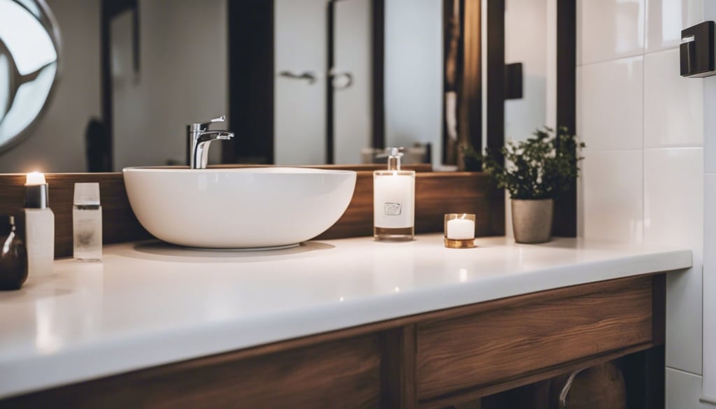 A bathroom with a countertop cabinet that has been repurposed as a vanity
