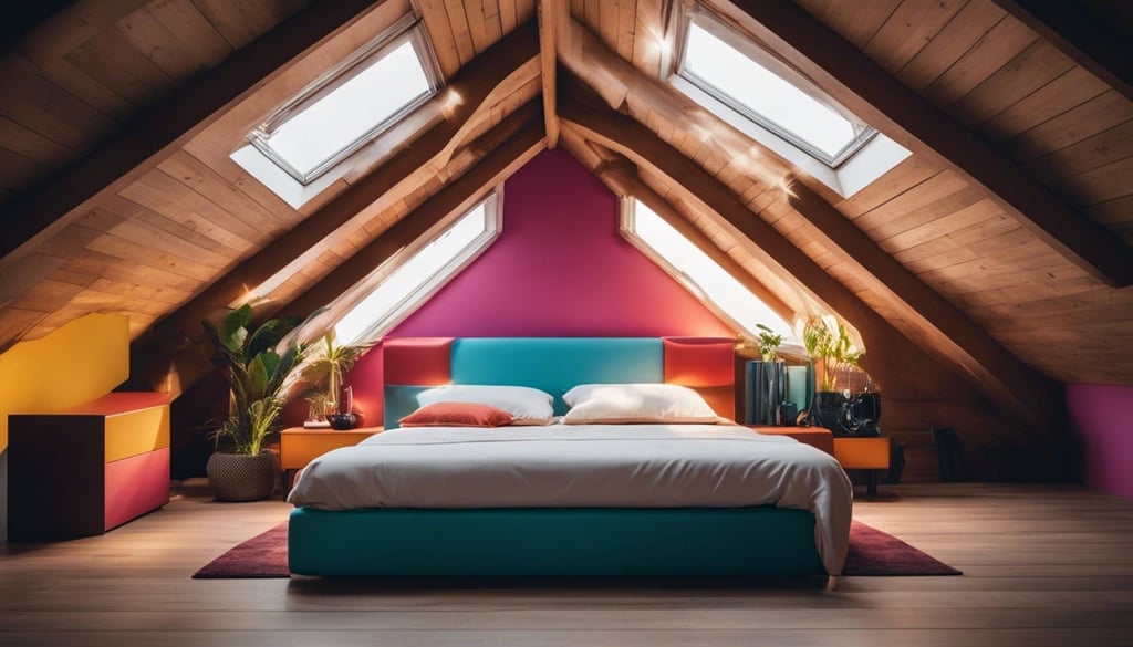A stylish attic bedroom with a colorful decor a funky headboard and a unique furniture