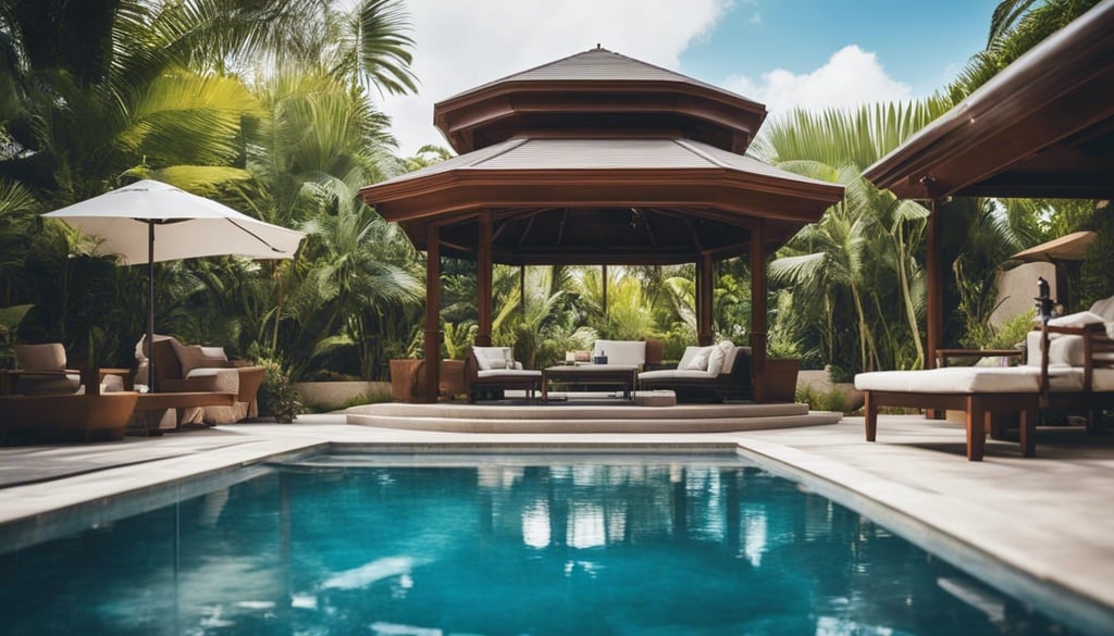 tropical backyard pool with gazebo entertaining area