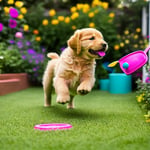 A Golden Retriever puppy playing energetically with a colorful toy in a garden