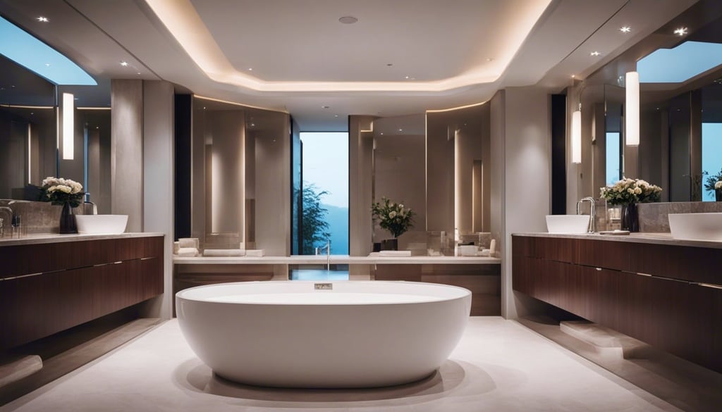 A luxurious bathroom showcasing a tray ceiling complemented by recessed lighting