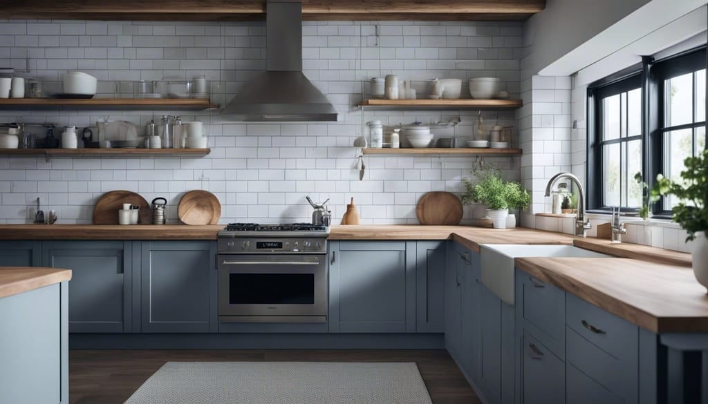 A modern farmhouse kitchen with a white subway tile backsplash gray cabinets and wood countertops