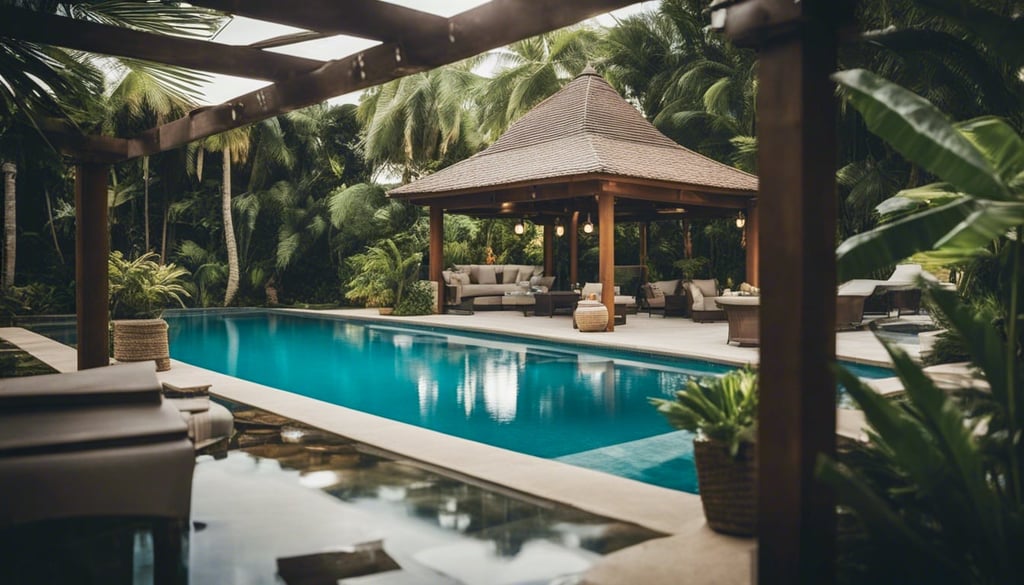 Backyard swimming pool entertaining area