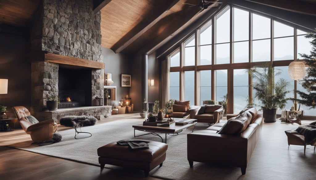 A wide shot of a living room with a vaulted ceiling and a large fireplace