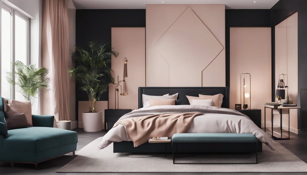 bedroom with black furniture with pastel accents