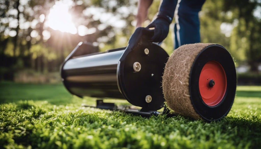 A sod roller being used to flatten a new sod lawn