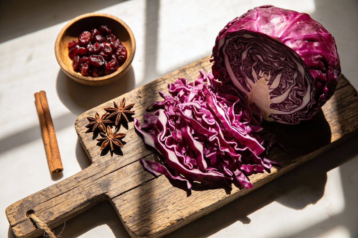 Aromatic spices blooming in a pot for festive spiced red cabbage