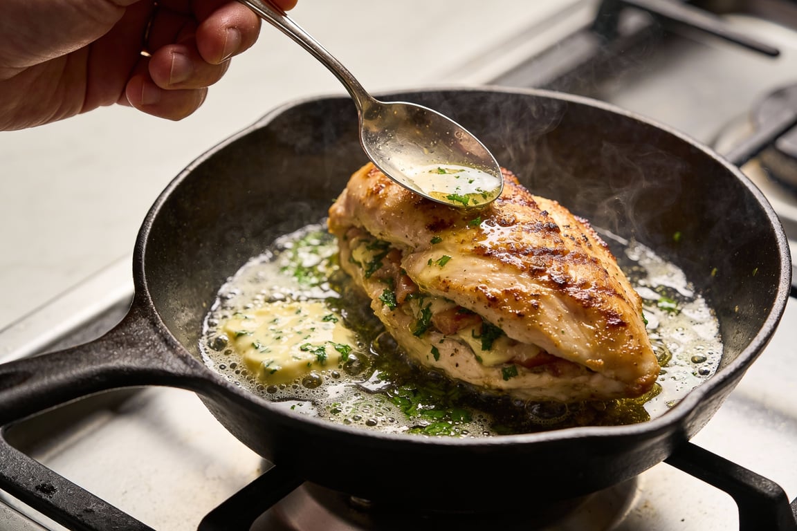 Garlic herb stuffed chicken breast served with buttery mashed potatoes