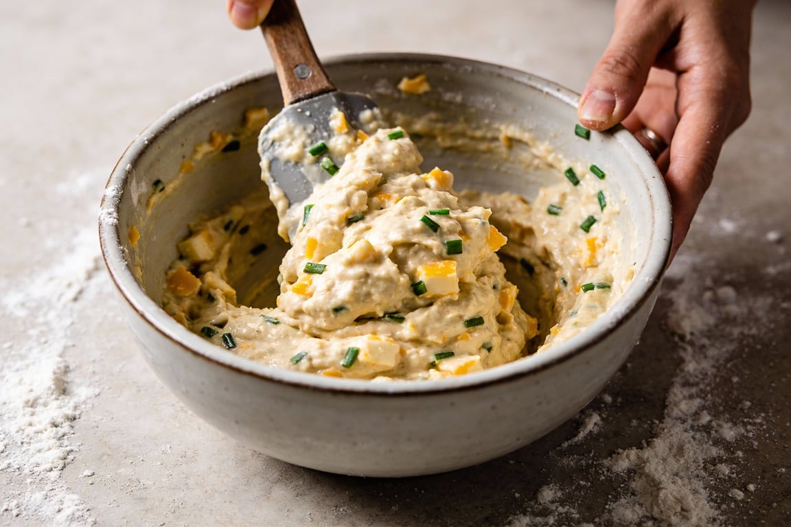 Interior crumb of a savory chive muffin with melted cheddar