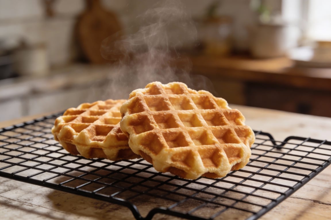 Golden brown beer-infused Belgian waffles on a wire rack