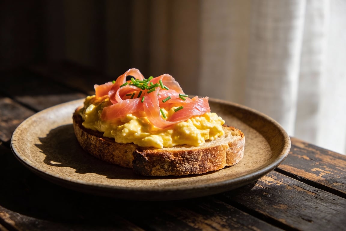 The Gastropub Scramble: Creamy Eggs with Smoked Salmon and Chives