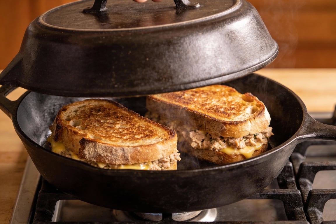 Sharp white cheddar tuna melt on artisanal bread