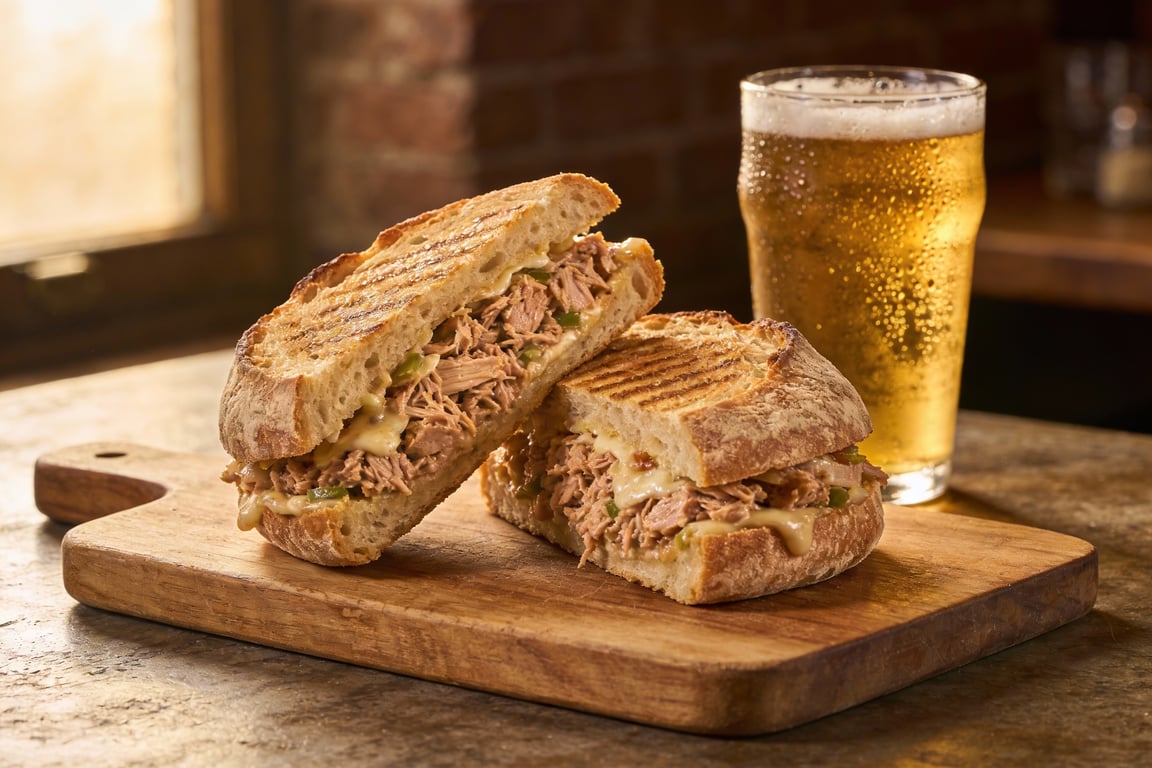 Finished Gourmet Sourdough Tuna Melt with a beer pairing