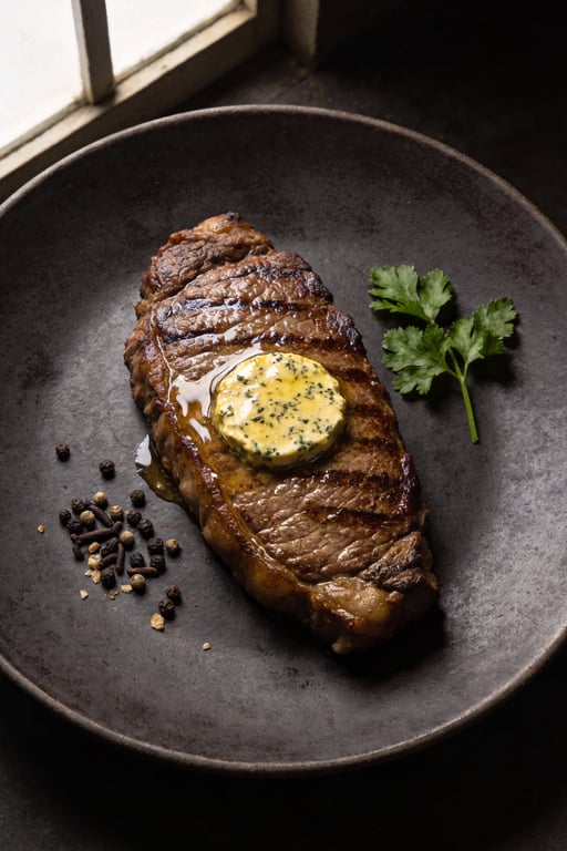Grilled Manhattan-Style Strip Steaks with Bourbon-Peppercorn Butter