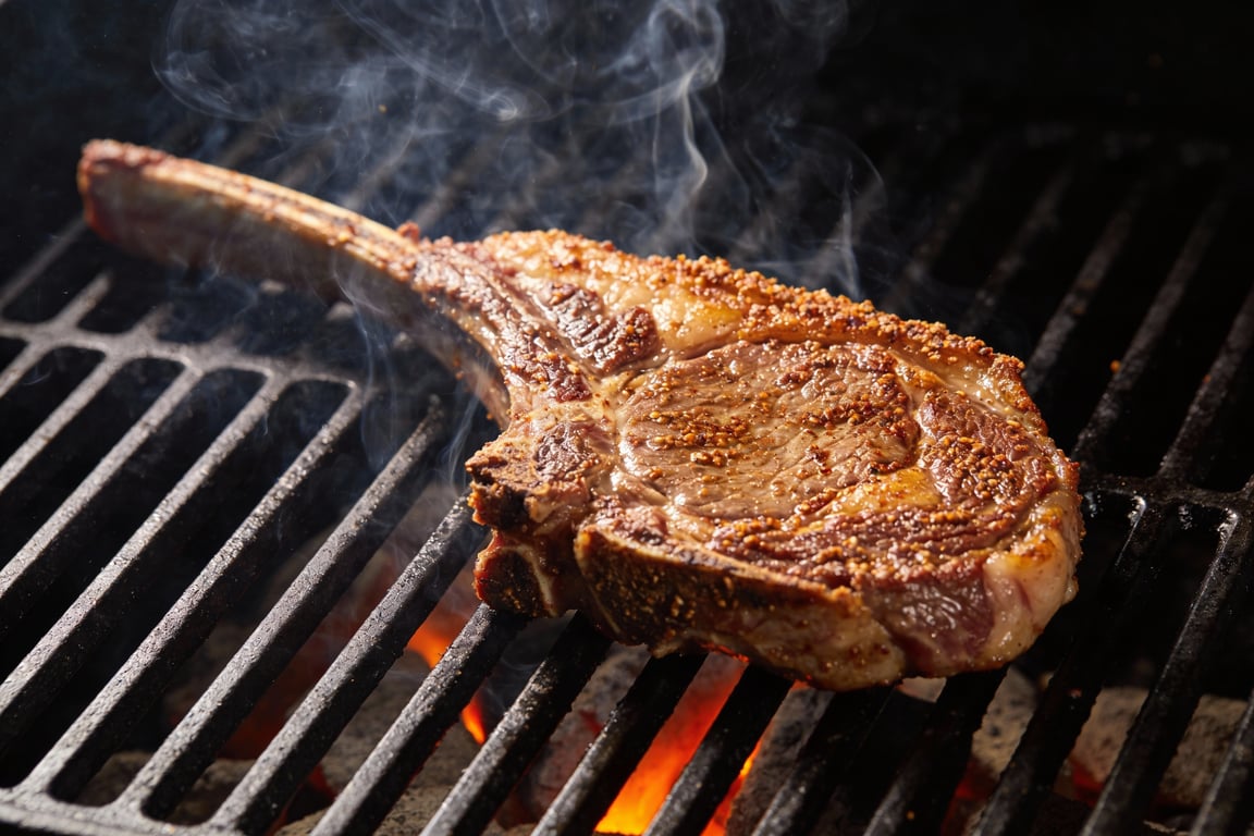 Checking the veal chop internal temp for precision