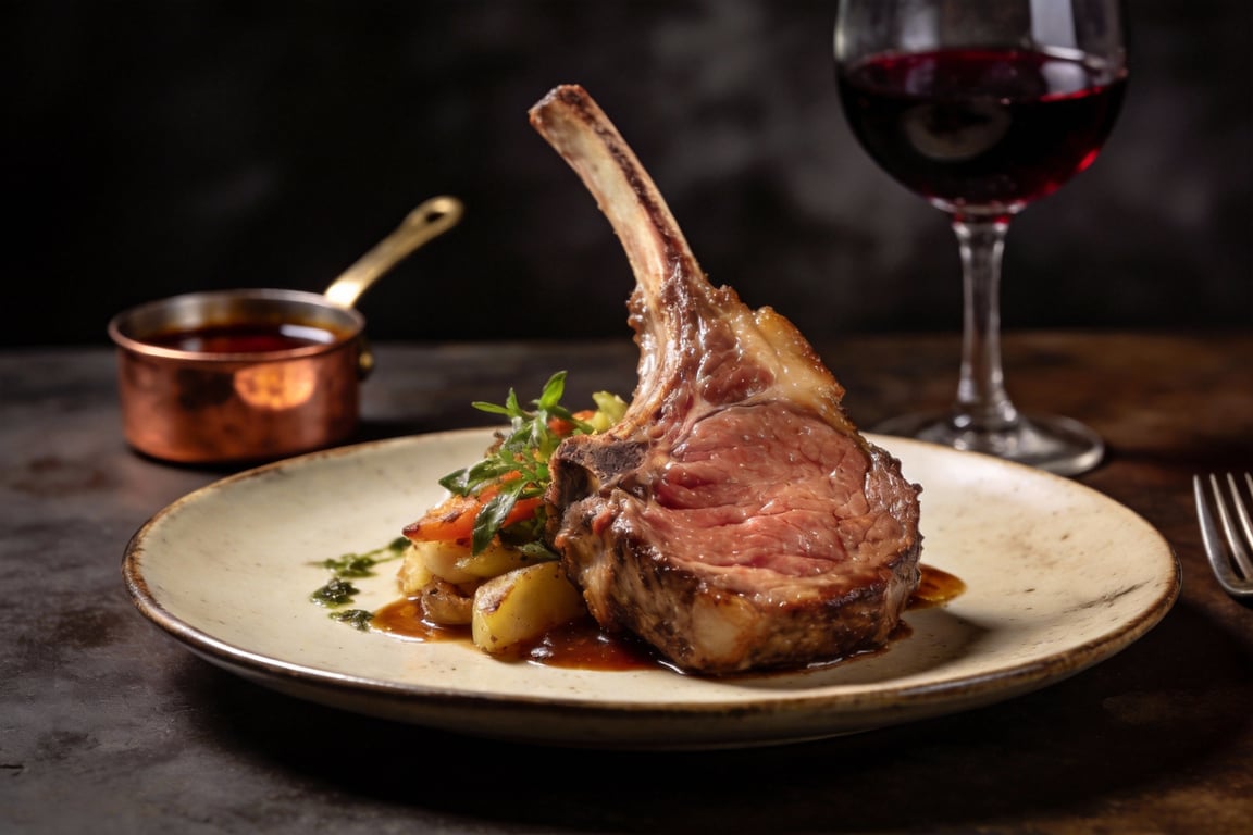 A perfectly rested grilled veal chop with reduction