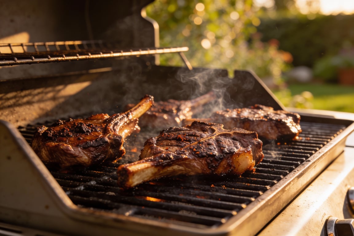Applying the Mexican coffee meat rub to bone-in veal chops