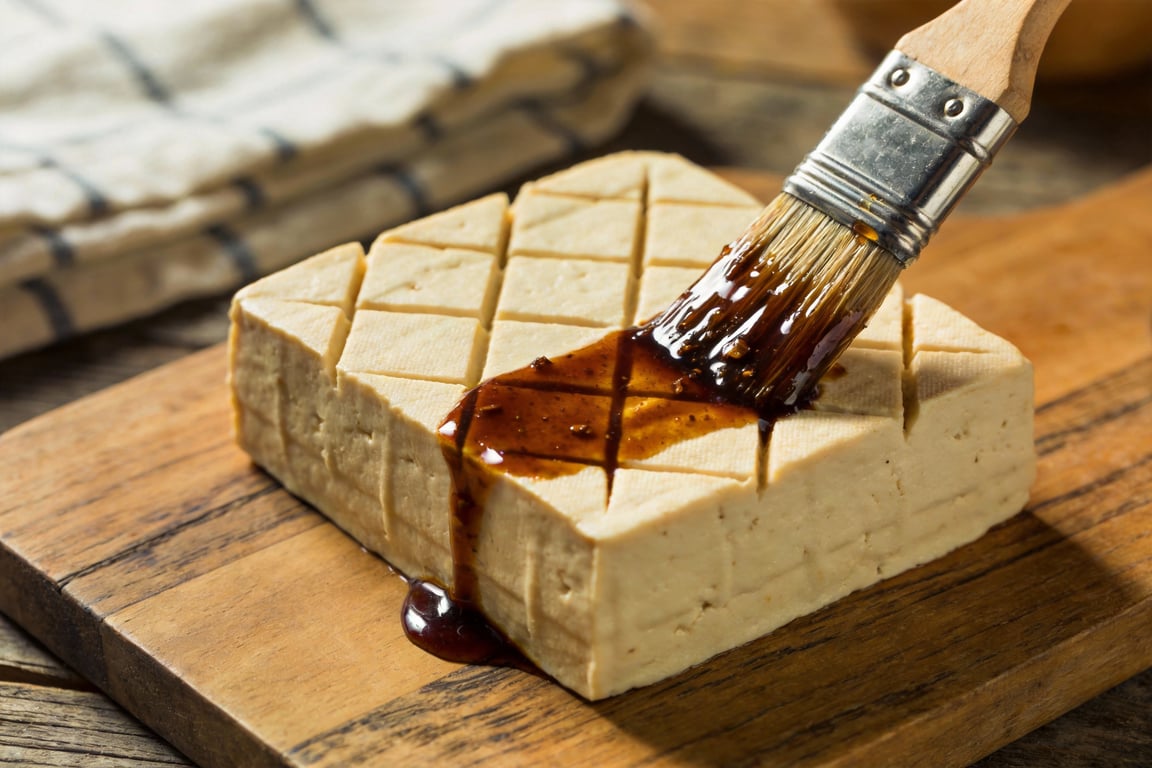 Scoring the tofu in a diamond pattern to allow the savory tofu marinade to penetrate