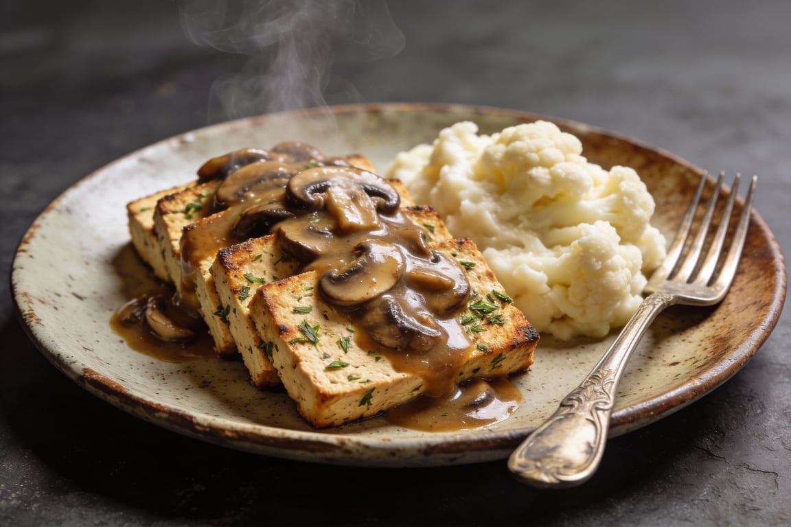 Final roasted tofu roast served with rich vegan mushroom gravy recipe