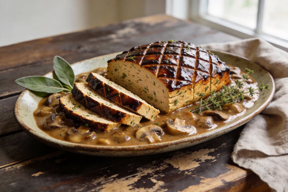 Herby Roasted Tofu 'Turkey' with Umami Mushroom Gravy