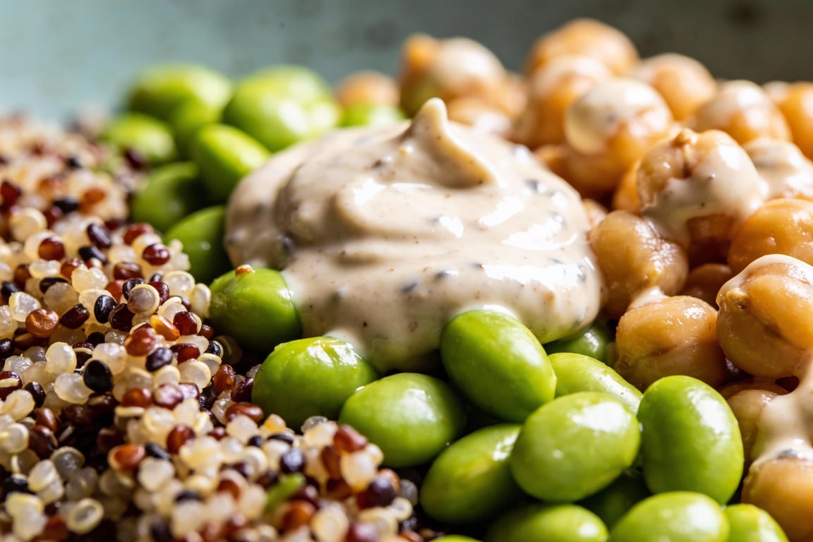 High protein vegan quinoa salad ingredients including edamame and chickpeas