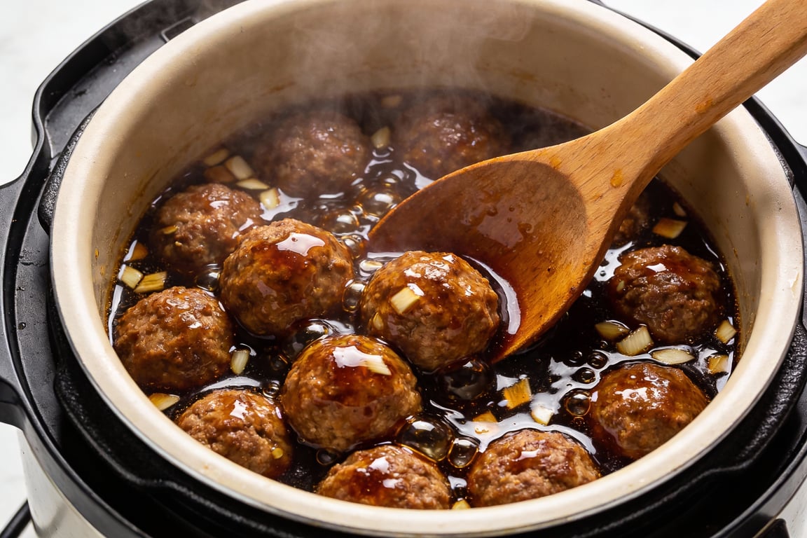 Sticky Honey Garlic Slow Cooker Meatballs served over rice