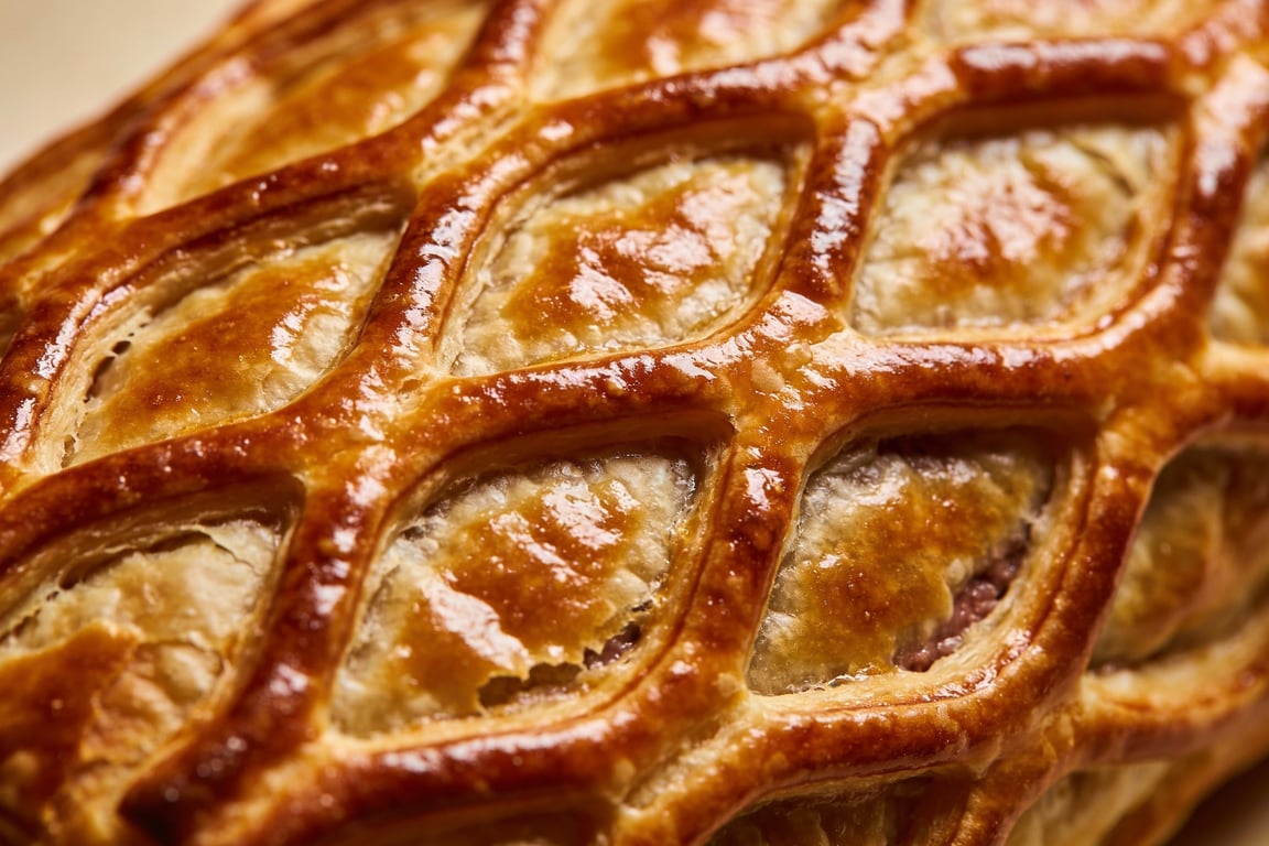 Individual Beef Wellington preparation with lattice puff pastry