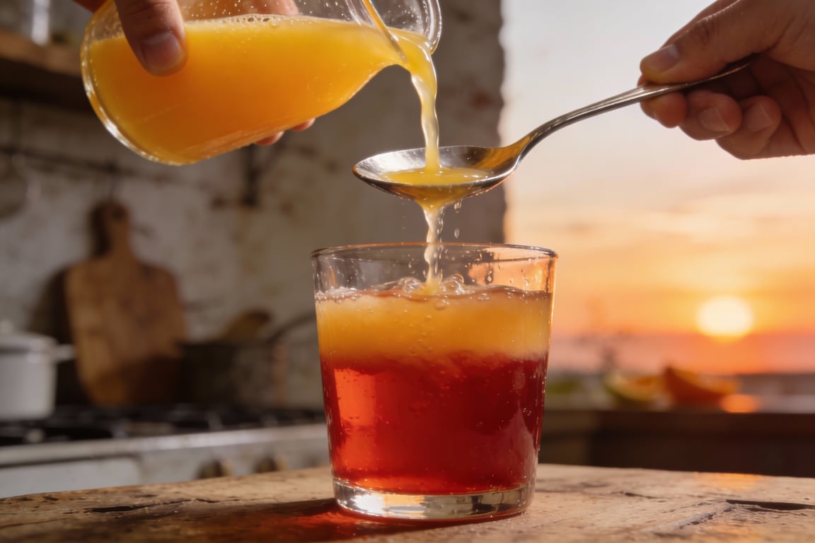 Frozen fruit acting as ice in a glass pitcher
