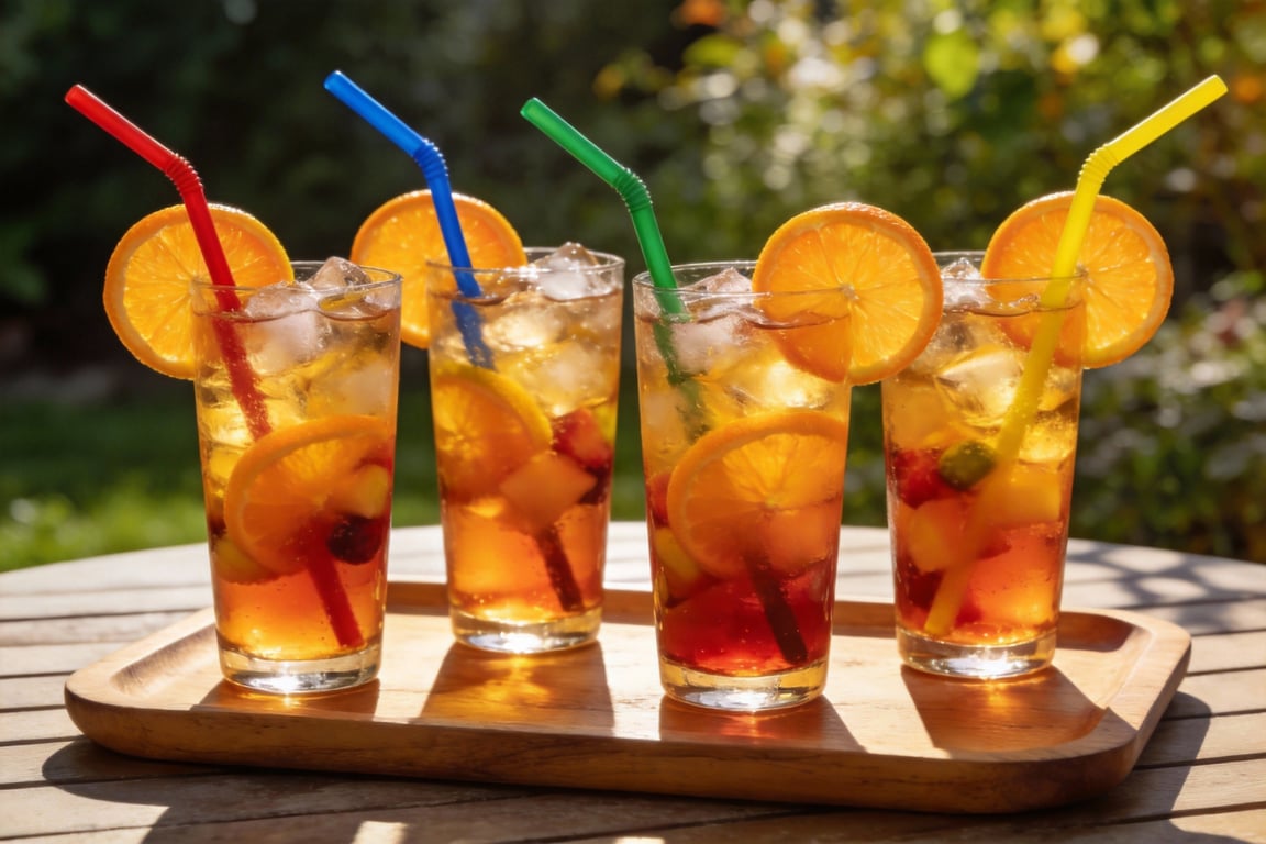 A finished sunset mocktail for kids garnished with mint