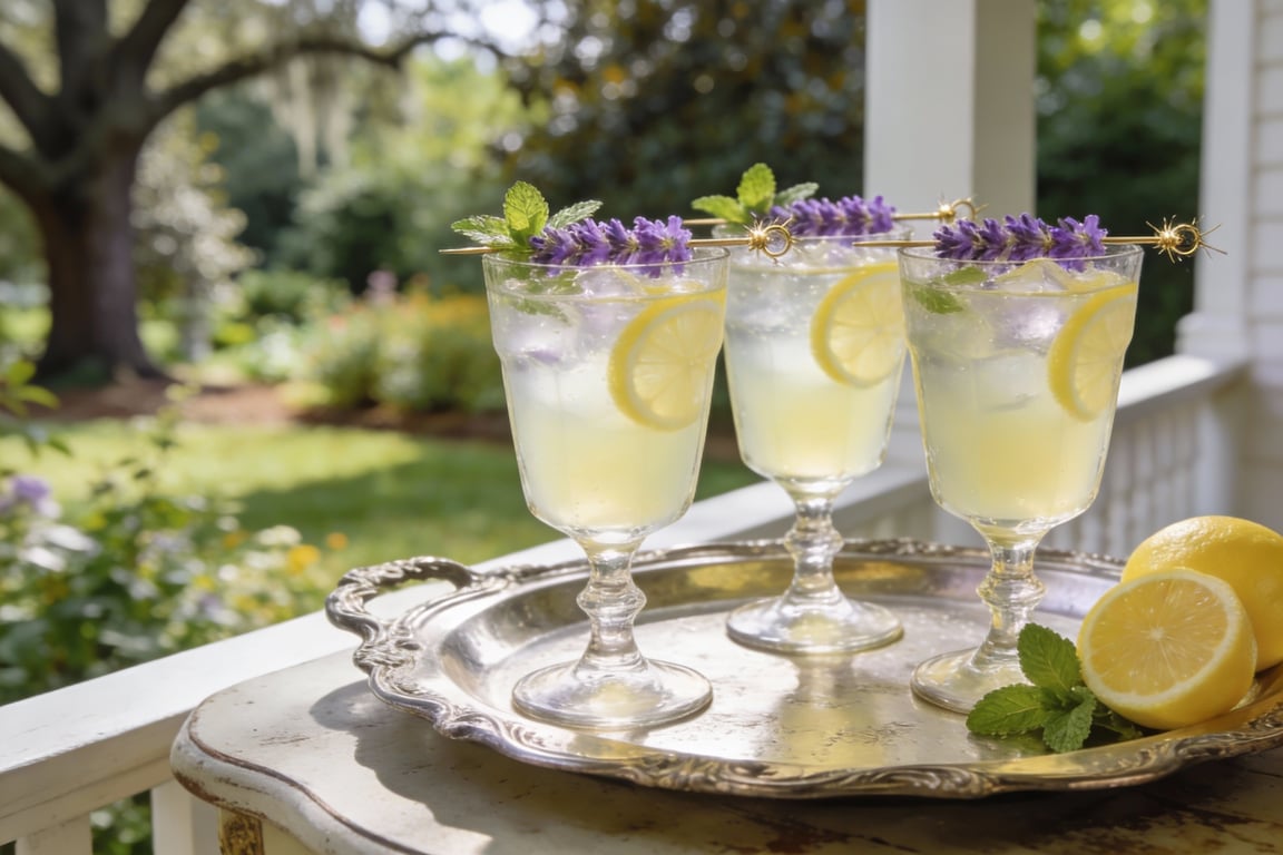 A cold Lavender Lemonade Sparkler served on a Southern porch