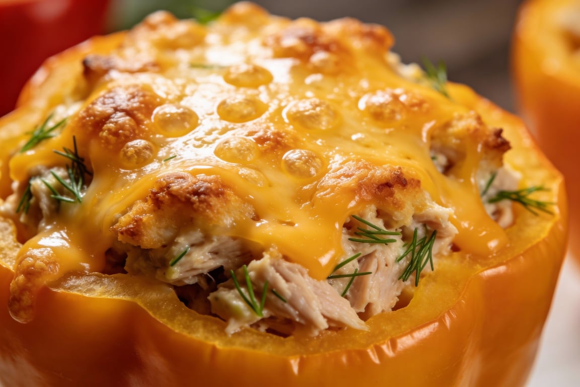 High protein tuna salad inside a roasted bell pepper